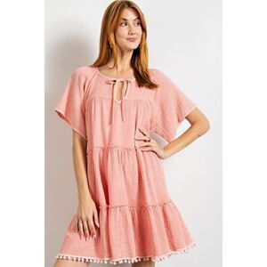 Easel Mineral Washed Cotton Gauze Dress in Coral Ruffle Pom Pom Accents ED17190